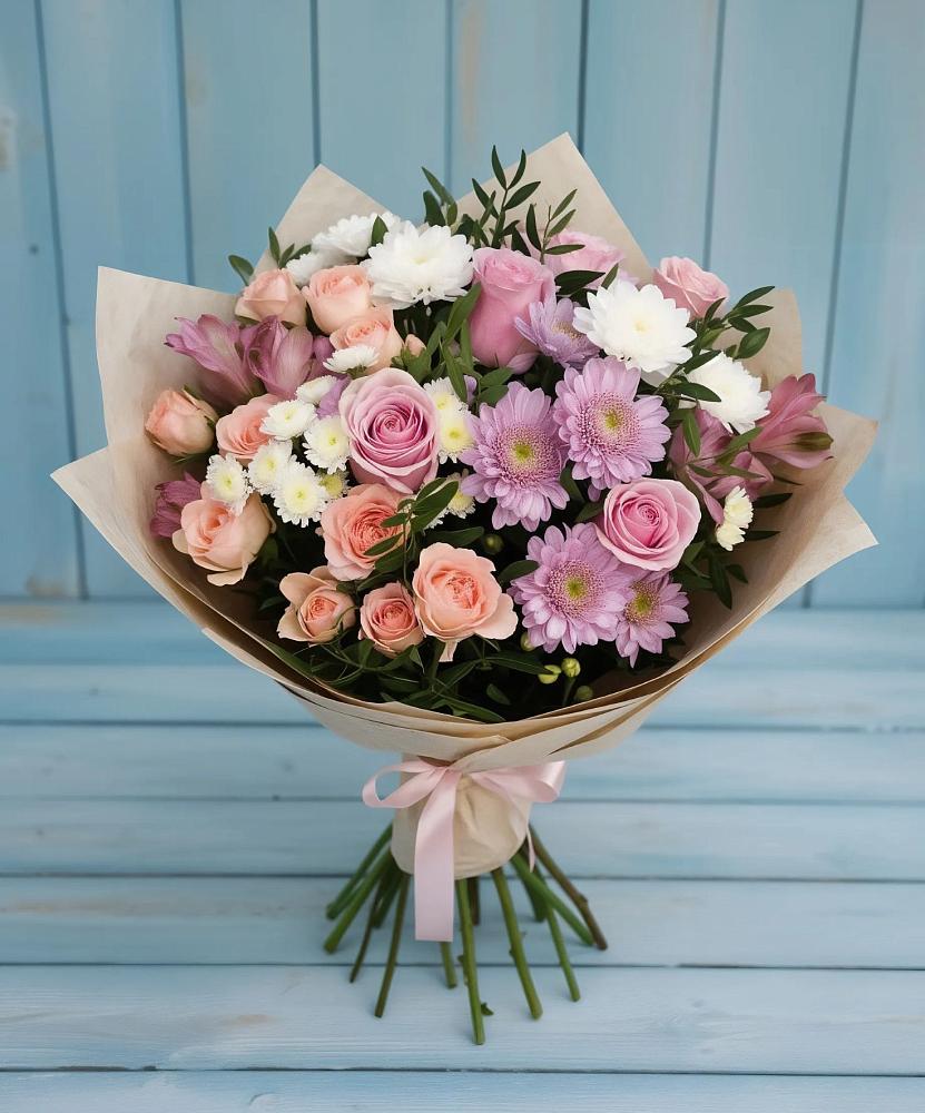 Букет цветов из: Хризантемы, Розы и Альстромерии в Краснозёрском