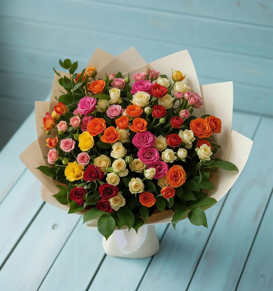 Букет Микс из разноцветных кустовых роз в Краснозёрском