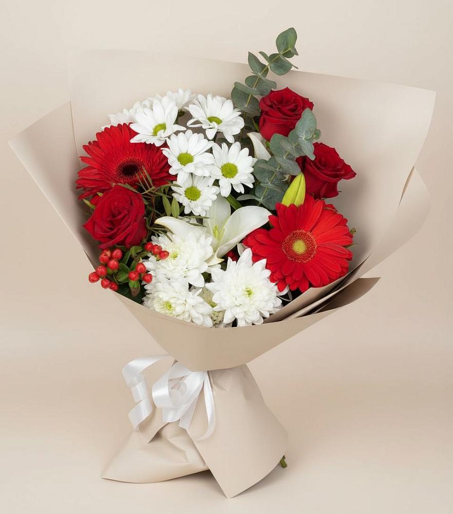 Букет цветов из: Розы, Хризантемы, Герберы и Лилии в Краснозёрском