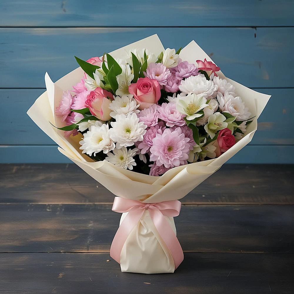 Букет цветов из: Хризантемы, Альстромерии и Розы в Краснозёрском